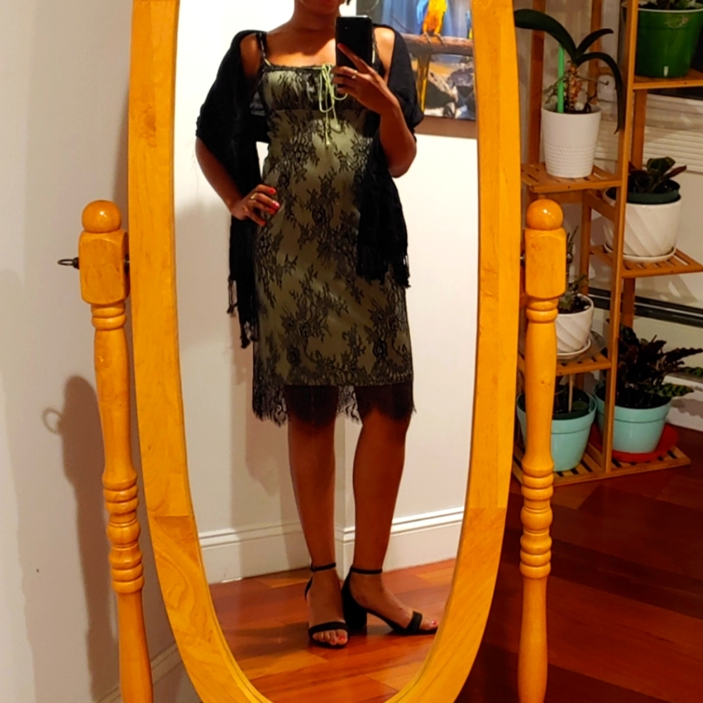 Green dress with black lace